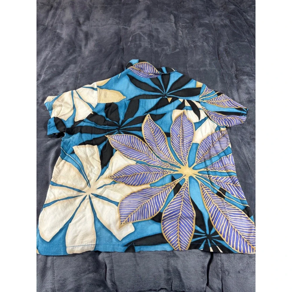 Jams‎ World Womens Large Blue Purple Tropical Leaf Button Up Shirt Rayon Aloha